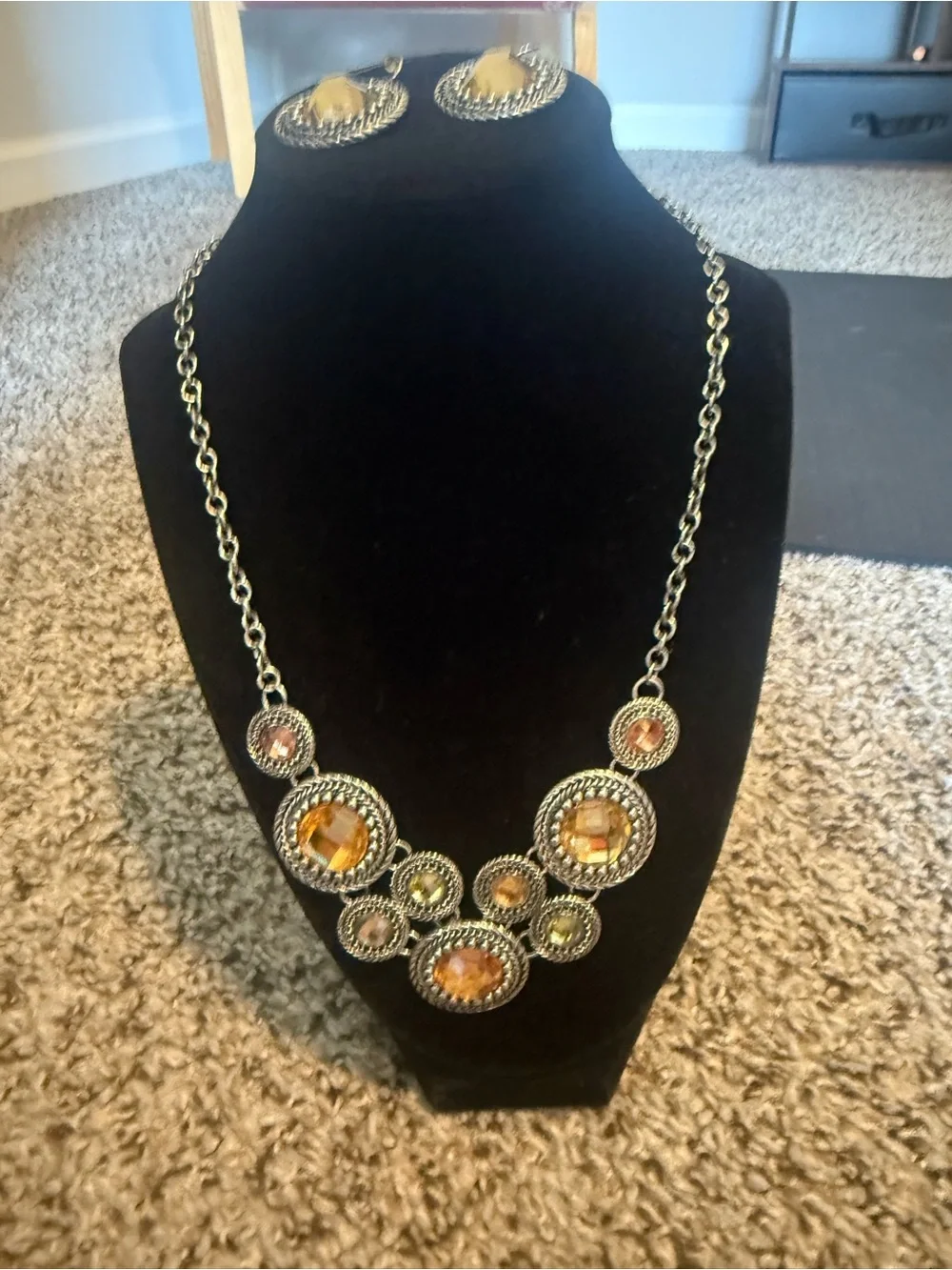 Gold-Tone Amber Crystal Statement Necklace and Earrings Set 11